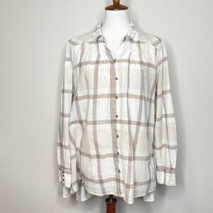 FREE PEOPLE Peppy in Plaid Tunic Top LG Cream Oversized Ruffle Hi-Low Boho